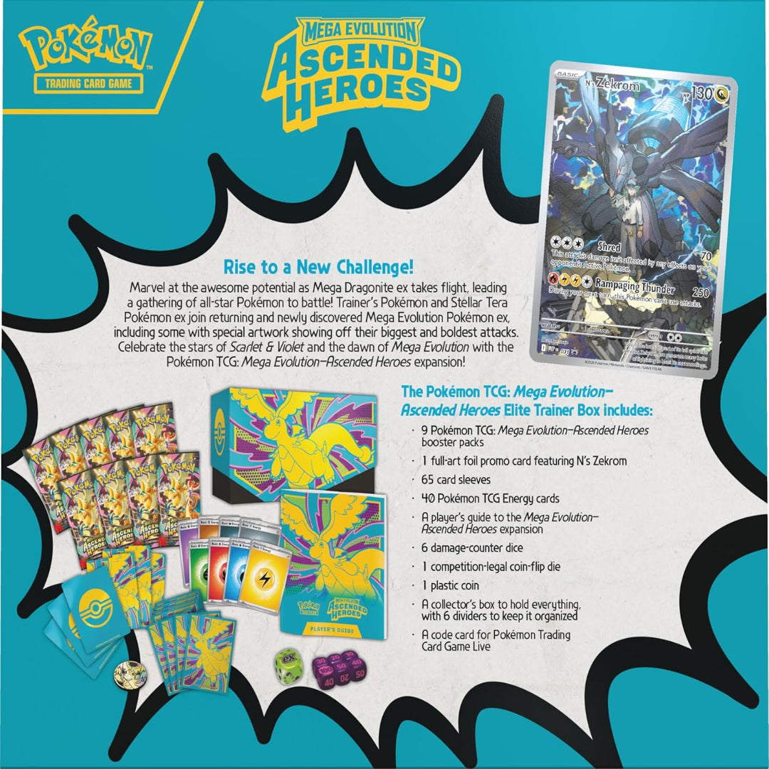 Promotional image of Pokémon TCG Mega Evolution Ascended Heroes packaging with cards and box.